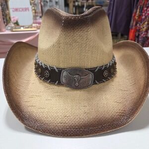 LLK Woven Grass Cowboy Hat Tan Brown Ombre Longhorn Buckle Star Studded NWT